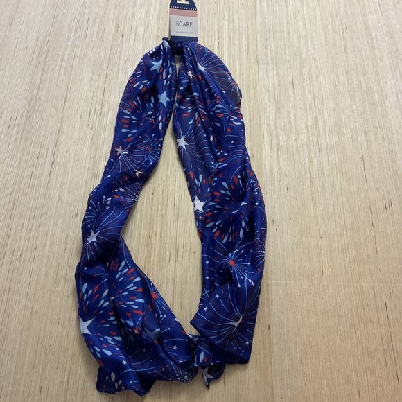 Scarf - NEW - Greenbrier - Blue with Red & White Fireworks Pattern - 63x13 - Picture 1 of 3